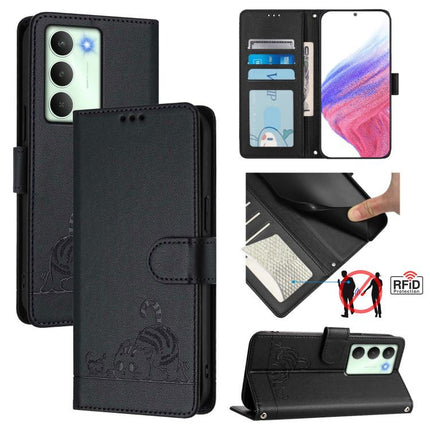 Cat Rat Embossed Pattern RFID Leather Phone Case with Lanyard, For Realme C71 4G Global, For Realme Neo7 Turbo 5G, For Realme V70 / 14x Global / C75 5G, For Realme Narzo 80 Pro / 14 Pro 5G India