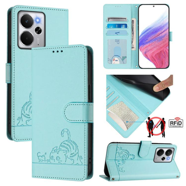 Cat Rat Embossed Pattern RFID Leather Phone Case with Lanyard, For Realme 14 5G Global / P3 5G India, For Realme P3 Ultra 5G Global, For Realme P3 5G Global, For Realme 14 Pro+ 5G