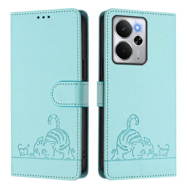 Cat Rat Embossed Pattern RFID Leather Phone Case with Lanyard, For Realme 14 5G Global / P3 5G India, For Realme P3 Ultra 5G Global, For Realme P3 5G Global, For Realme 14 Pro+ 5G