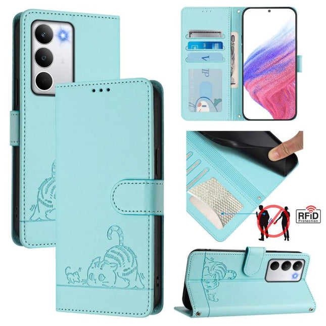Cat Rat Embossed Pattern RFID Leather Phone Case with Lanyard, For Realme C71 4G Global, For Realme Neo7 Turbo 5G, For Realme V70 / 14x Global / C75 5G, For Realme Narzo 80 Pro / 14 Pro 5G India