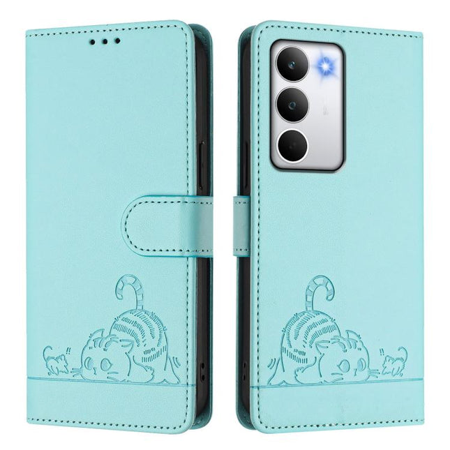 Cat Rat Embossed Pattern RFID Leather Phone Case with Lanyard, For Realme C71 4G Global, For Realme Neo7 Turbo 5G, For Realme V70 / 14x Global / C75 5G, For Realme Narzo 80 Pro / 14 Pro 5G India