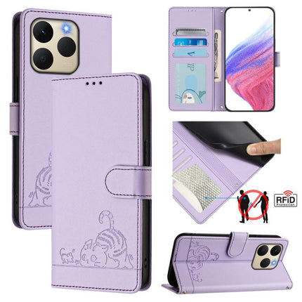 Cat Rat Embossed Pattern RFID Leather Phone Case with Lanyard, For Realme P4 5G, For Realme 15T 5G Global, For Realme C71 4G India, For Realme 15 / 15 Pro 5G Global