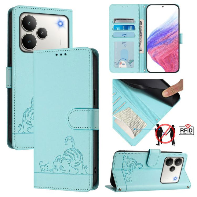 Cat Rat Embossed Pattern RFID Leather Phone Case with Lanyard, For Realme P4 5G, For Realme 15T 5G Global, For Realme C71 4G India, For Realme 15 / 15 Pro 5G Global