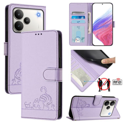 Cat Rat Embossed Pattern RFID Leather Phone Case with Lanyard, For Realme P4 5G, For Realme 15T 5G Global, For Realme C71 4G India, For Realme 15 / 15 Pro 5G Global