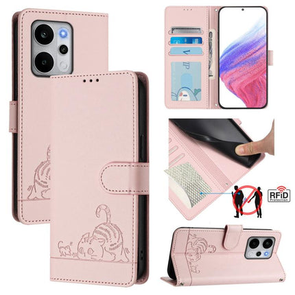 Cat Rat Embossed Pattern RFID Leather Phone Case with Lanyard, For Realme P4x 5G / OnePlus Nord CE6 Lite, For Realme 16T 5G Global, For Realme C100 5G / C85 5G Global, For Realme P4 Power 5G