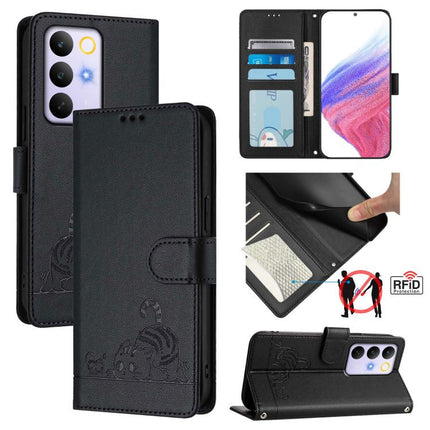 Cat Rat Embossed Pattern RFID Leather Phone Case with Lanyard, For Realme P4x 5G / OnePlus Nord CE6 Lite, For Realme 16T 5G Global, For Realme C100 5G / C85 5G Global, For Realme P4 Power 5G
