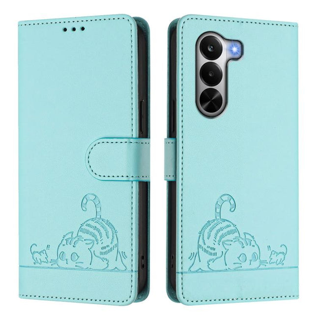 Cat Rat Embossed Pattern RFID Leather Phone Case with Lanyard, For Realme P4x 5G / OnePlus Nord CE6 Lite, For Realme 16T 5G Global, For Realme C100 5G / C85 5G Global, For Realme P4 Power 5G