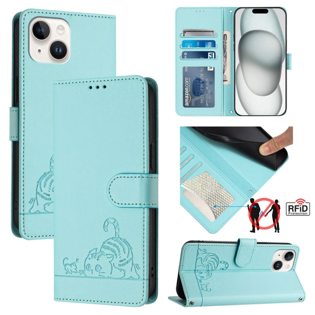 Cat Rat Embossed Pattern RFID Leather Phone Case with Lanyard, For iPhone 15, For iPhone 14 Plus, For iPhone 14/13, For iPhone 14 Pro