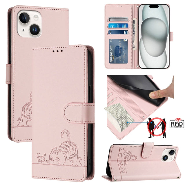 Cat Rat Embossed Pattern RFID Leather Phone Case with Lanyard, For iPhone 15, For iPhone 14 Plus, For iPhone 14/13, For iPhone 14 Pro