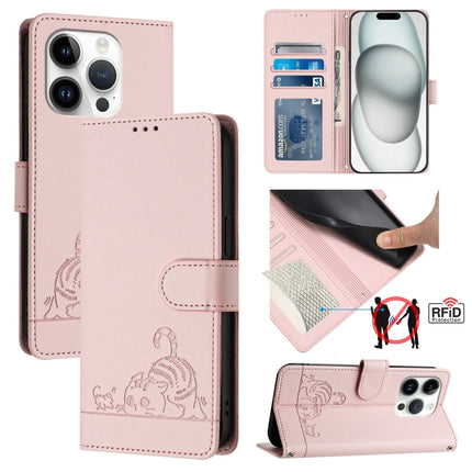 Cat Rat Embossed Pattern RFID Leather Phone Case with Lanyard, For iPhone 15, For iPhone 14 Plus, For iPhone 14/13, For iPhone 14 Pro