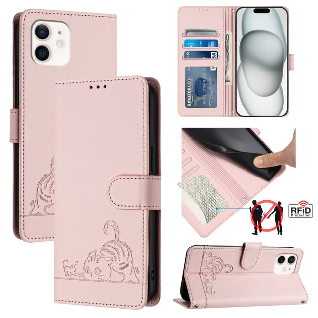 Cat Rat Embossed Pattern RFID Leather Phone Case with Lanyard, For iPhone 11 Pro Max, For iPhone 11, For iPhone 11 Pro, For iPhone XS / X