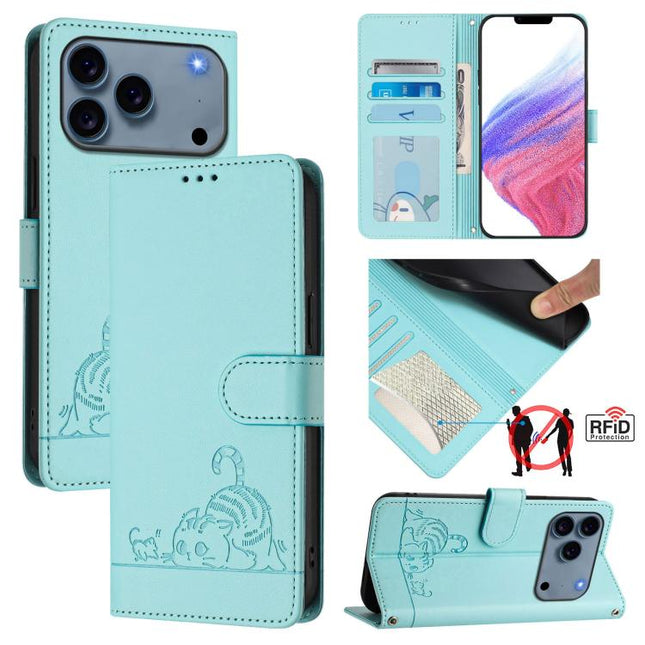 Cat Rat Embossed Pattern RFID Leather Phone Case with Lanyard, For iPhone 17 Pro Max, For iPhone 17 Pro, For iPhone 17, For iPhone Air