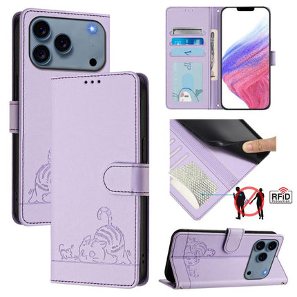 Cat Rat Embossed Pattern RFID Leather Phone Case with Lanyard, For iPhone 17 Pro Max, For iPhone 17 Pro, For iPhone 17, For iPhone Air
