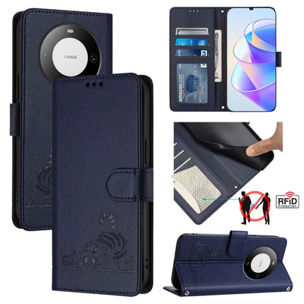 Cat Rat Embossed Pattern RFID Leather Phone Case with Lanyard, For Huawei Mate 60 Pro/60 Pro+, For Huawei Mate 60, For Huawei P60 Art, For Huawei P60/P60 Pro