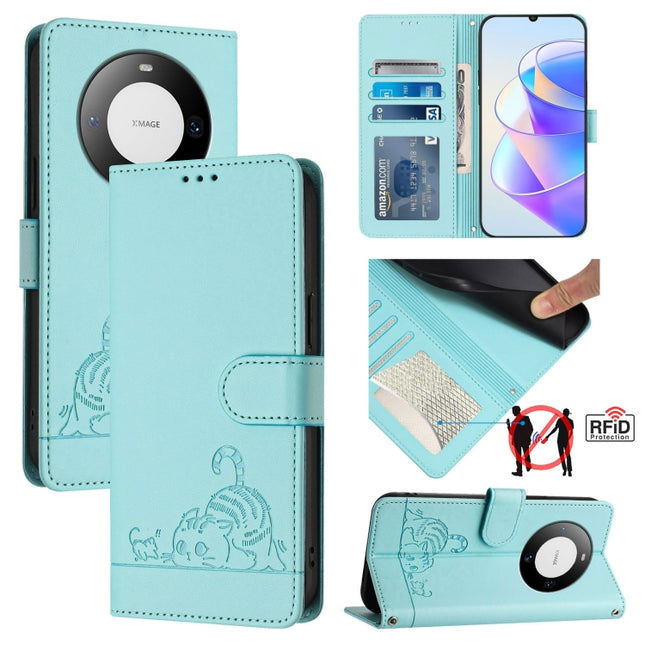 Cat Rat Embossed Pattern RFID Leather Phone Case with Lanyard, For Huawei Mate 60 Pro/60 Pro+, For Huawei Mate 60, For Huawei P60 Art, For Huawei P60/P60 Pro