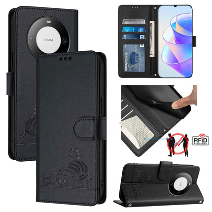 Cat Rat Embossed Pattern RFID Leather Phone Case with Lanyard, For Huawei Mate 60 Pro/60 Pro+, For Huawei Mate 60, For Huawei P60 Art, For Huawei P60/P60 Pro