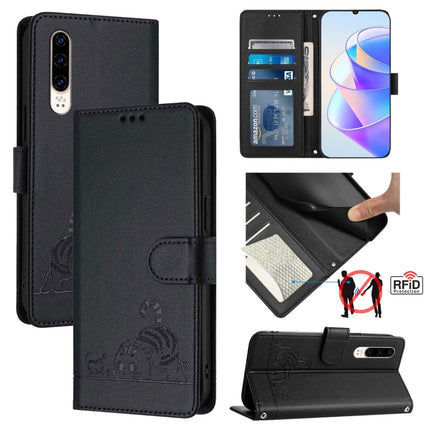 Cat Rat Embossed Pattern RFID Leather Phone Case with Lanyard, For Huawei Enjoy 9s 4G, For Huawei P30 lite/nova 4e, For Huawei P30 Pro, For Huawei P30