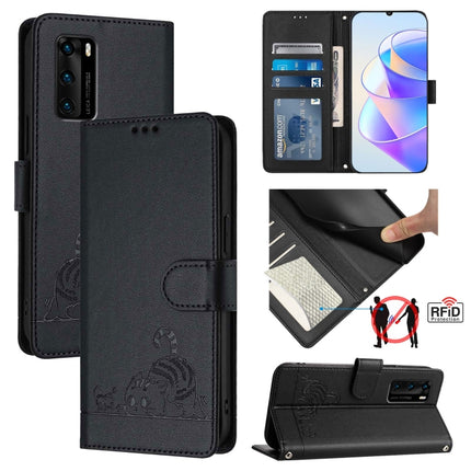 Cat Rat Embossed Pattern RFID Leather Phone Case with Lanyard, For Huawei P smart 2021 4G, For Huawei P40 lite 4G, For Huawei P40 Pro, For Huawei P40