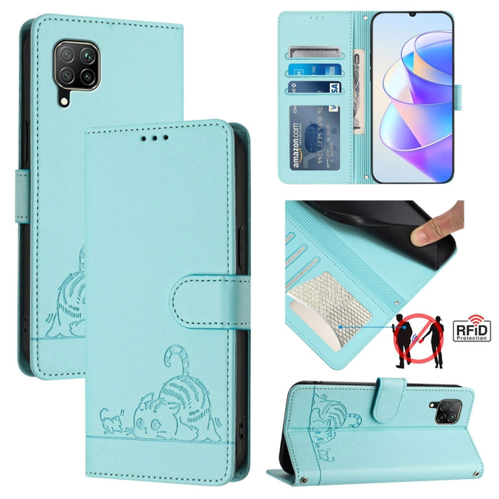 Cat Rat Embossed Pattern RFID Leather Phone Case with Lanyard, For Huawei nova 6 SE, For Huawei Enjoy 10 Plus, For Huawei P Smart Z, For Huawei Y9 Prime 2019