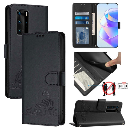 Cat Rat Embossed Pattern RFID Leather Phone Case with Lanyard, For Huawei P smart 2021 4G, For Huawei P40 lite 4G, For Huawei P40 Pro, For Huawei P40