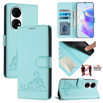 Cat Rat Embossed Pattern RFID Leather Phone Case with Lanyard, For Huawei nova 9, For Huawei P50 Pro, For Huawei P50, For Huawei Enjoy 20 SE/Y7a 4G