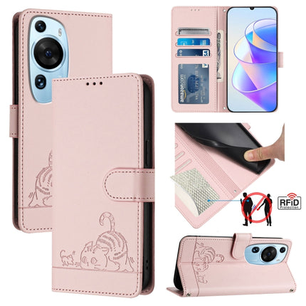 Cat Rat Embossed Pattern RFID Leather Phone Case with Lanyard, For Huawei Mate 60 Pro/60 Pro+, For Huawei Mate 60, For Huawei P60 Art, For Huawei P60/P60 Pro