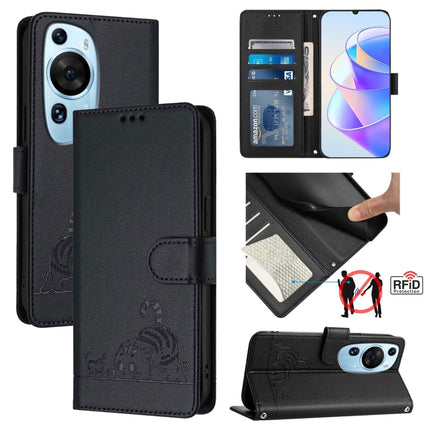 Cat Rat Embossed Pattern RFID Leather Phone Case with Lanyard, For Huawei Mate 60 Pro/60 Pro+, For Huawei Mate 60, For Huawei P60 Art, For Huawei P60/P60 Pro