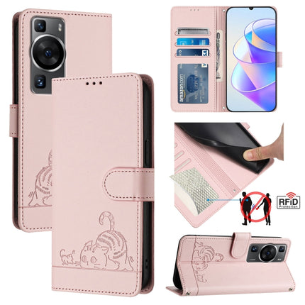 Cat Rat Embossed Pattern RFID Leather Phone Case with Lanyard, For Huawei Mate 60 Pro/60 Pro+, For Huawei Mate 60, For Huawei P60 Art, For Huawei P60/P60 Pro