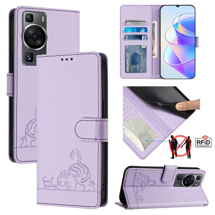Cat Rat Embossed Pattern RFID Leather Phone Case with Lanyard, For Huawei Mate 60 Pro/60 Pro+, For Huawei Mate 60, For Huawei P60 Art, For Huawei P60/P60 Pro