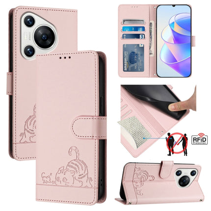 Cat Rat Embossed Pattern RFID Leather Phone Case with Lanyard, For Huawei nova 14 5G, For Huawei nova 13 Pro 5G, For Huawei Pura 70 Pro, For Huawei Pura 70