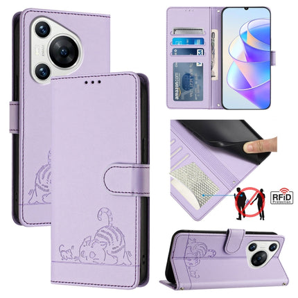 Cat Rat Embossed Pattern RFID Leather Phone Case with Lanyard, For Huawei nova 14 5G, For Huawei nova 13 Pro 5G, For Huawei Pura 70 Pro, For Huawei Pura 70