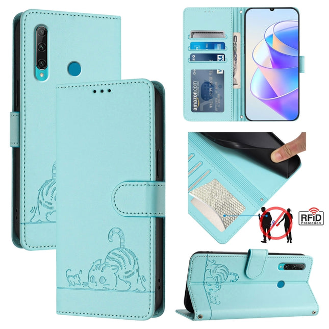 Cat Rat Embossed Pattern RFID Leather Phone Case with Lanyard, For Huawei P Smart 2019, For Huawei P Smart+ 2019