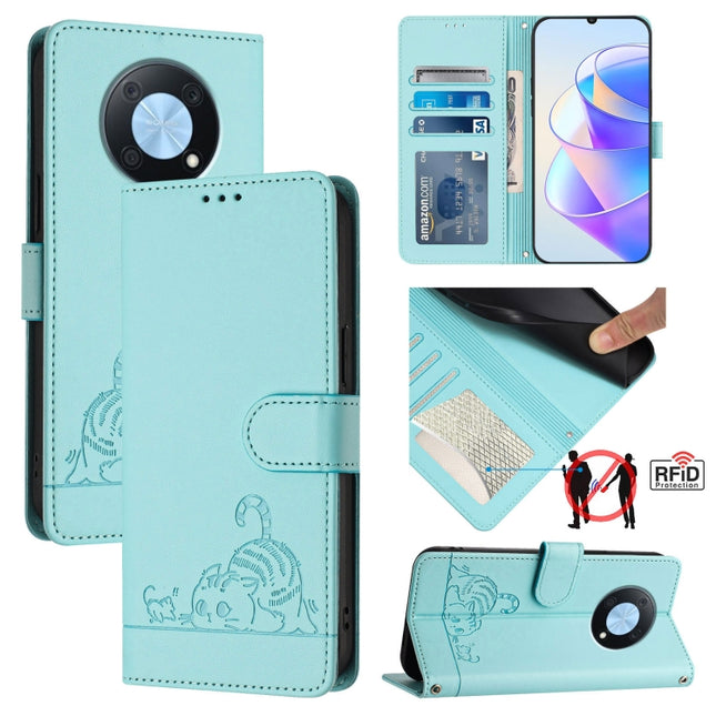 Cat Rat Embossed Pattern RFID Leather Phone Case with Lanyard, For Huawei Enjoy 50 Pro 4G, For Huawei nova Y90, For Huawei Enjoy 50 4G, For Huawei nova Y70 Plus