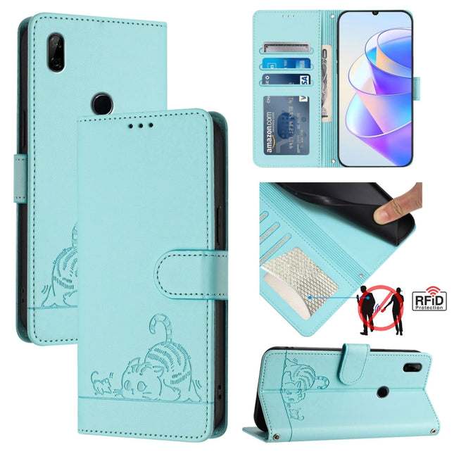 Cat Rat Embossed Pattern RFID Leather Phone Case with Lanyard, For Huawei nova 6 SE, For Huawei Enjoy 10 Plus, For Huawei P Smart Z, For Huawei Y9 Prime 2019