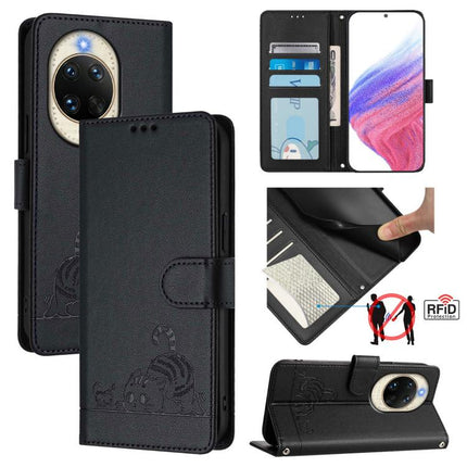 Cat Rat Embossed Pattern RFID Leather Phone Case with Lanyard, For Huawei nova 14 5G, For Huawei nova 13 Pro 5G, For Huawei Pura 70 Pro, For Huawei Pura 70