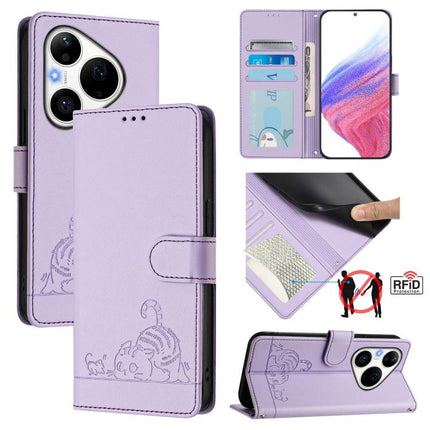 Cat Rat Embossed Pattern RFID Leather Phone Case with Lanyard, For Huawei nova 14 Lite 5G / nova 15 / 16z, For Huawei nova 16 5G, For Huawei Pura 90 Pro Max 5G, For Huawei Pura 90 Pro 5G