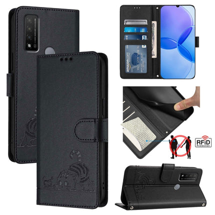 Cat Rat Embossed Pattern RFID Leather Phone Case with Lanyard, For TCL 30 / 30 5G / 30+, For TCL 30 SE, For TCL 30 XE 5G, For TCL 20 R