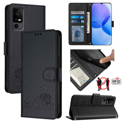 Cat Rat Embossed Pattern RFID Leather Phone Case with Lanyard, For TCL 403, For TCL 40 R, For TCL 30 XL T701DL, For TCL 305 / 306