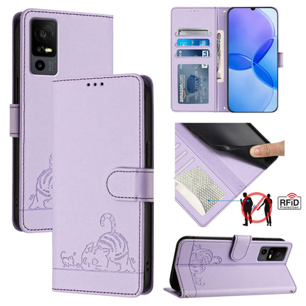 Cat Rat Embossed Pattern RFID Leather Phone Case with Lanyard, For TCL 403, For TCL 40 R, For TCL 30 XL T701DL, For TCL 305 / 306