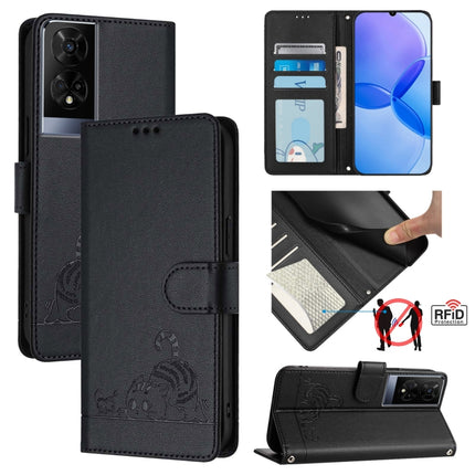 Cat Rat Embossed Pattern RFID Leather Phone Case with Lanyard, For TCL 50 XE, For TCL 50 SE, For TCL 501, For TCL 505