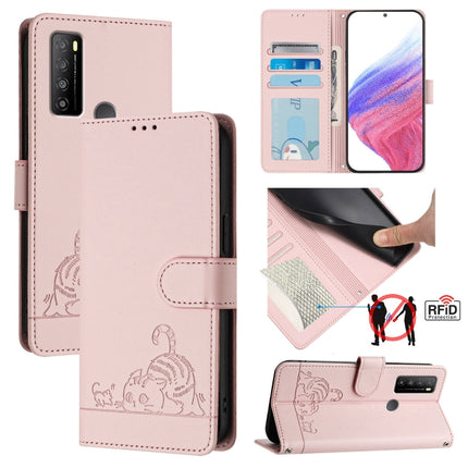 Cat Rat Embossed Pattern RFID Leather Phone Case with Lanyard, For TCL 403, For TCL 40 R, For TCL 30 XL T701DL, For TCL 305 / 306