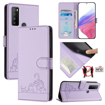 Cat Rat Embossed Pattern RFID Leather Phone Case with Lanyard, For TCL 403, For TCL 40 R, For TCL 30 XL T701DL, For TCL 305 / 306