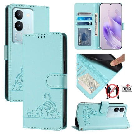 Cat Rat Embossed Pattern RFID Leather Phone Case with Lanyard, For vivo V29 5G Global / V29 Pro, For vivo Y17S 4G Global, For vivo Y17S 5G India, For vivo Y02A 4G / Y02 4G