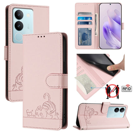 Cat Rat Embossed Pattern RFID Leather Phone Case with Lanyard, For vivo V29 5G Global / V29 Pro, For vivo Y17S 4G Global, For vivo Y17S 5G India, For vivo Y02A 4G / Y02 4G