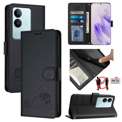 Cat Rat Embossed Pattern RFID Leather Phone Case with Lanyard, For vivo V29 5G Global / V29 Pro, For vivo Y17S 4G Global, For vivo Y17S 5G India, For vivo Y02A 4G / Y02 4G