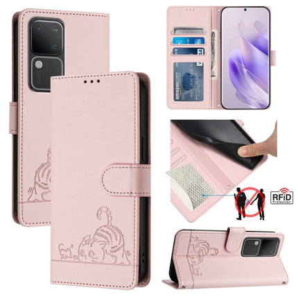 Cat Rat Embossed Pattern RFID Leather Phone Case with Lanyard, For vivo V30 5G Global, For vivo V30 Pro 5G Global, For vivo V29E 5G Global, For vivo Y200 5G Global