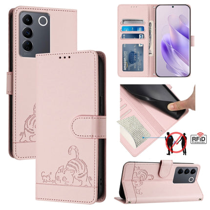 Cat Rat Embossed Pattern RFID Leather Phone Case with Lanyard, For vivo V27E 4G Global, For vivo T2 4G Global, For vivo Y72 5G / iQOO Z3 / Y52 5G, For vivo Y22S 4G Global