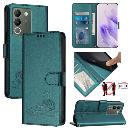 Cat Rat Embossed Pattern RFID Leather Phone Case with Lanyard, For vivo V30 5G Global, For vivo V30 Pro 5G Global, For vivo V29E 5G Global, For vivo Y200 5G Global