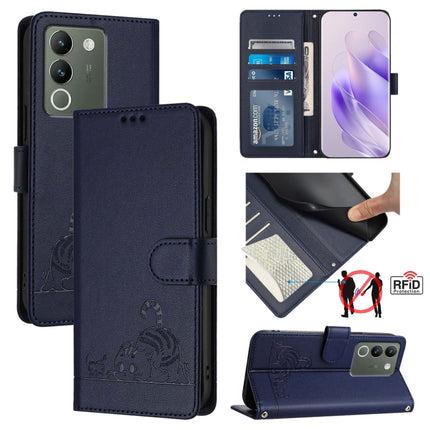 Cat Rat Embossed Pattern RFID Leather Phone Case with Lanyard, For vivo V30 5G Global, For vivo V30 Pro 5G Global, For vivo V29E 5G Global, For vivo Y200 5G Global