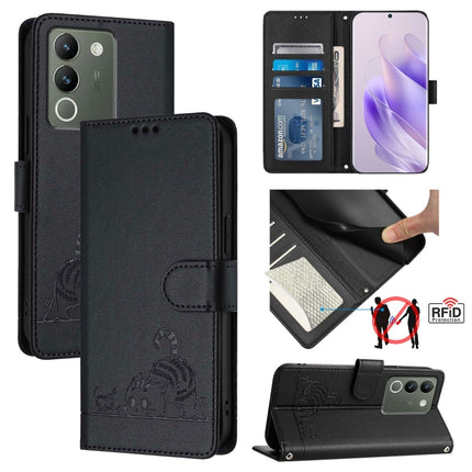 Cat Rat Embossed Pattern RFID Leather Phone Case with Lanyard, For vivo V30 Lite 5G Global, For vivo X100 Pro 5G, For vivo X100, For vivo Y27S 4G Global